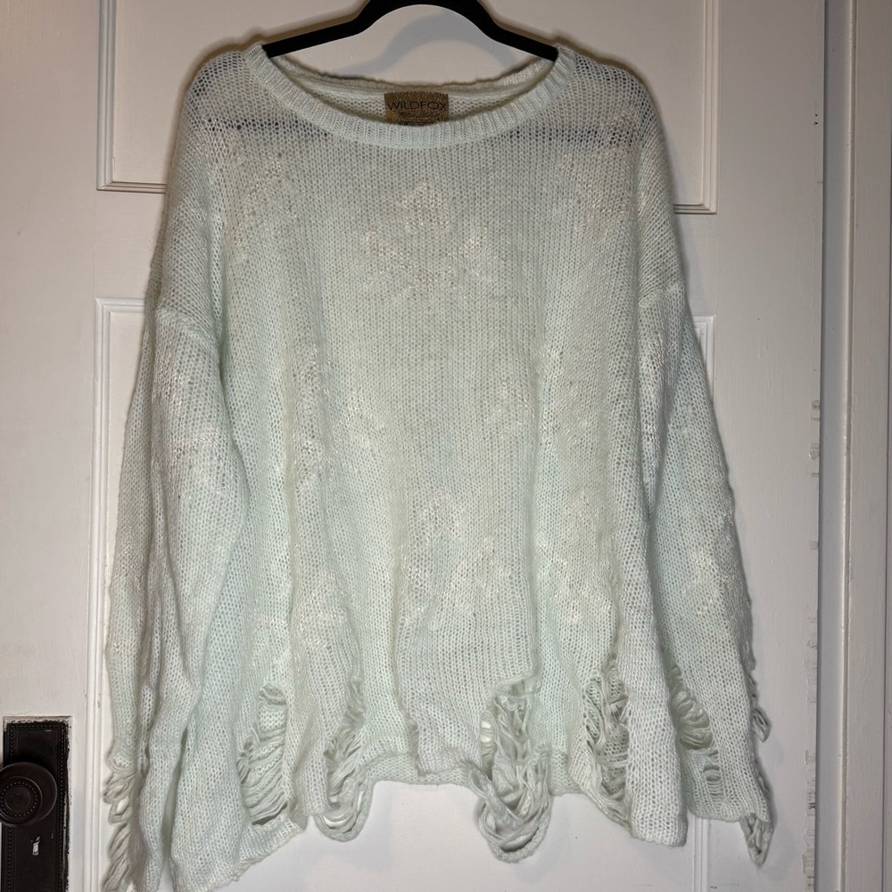 Wildfox Lenon Ice Cold Blue Distressed Sweater
